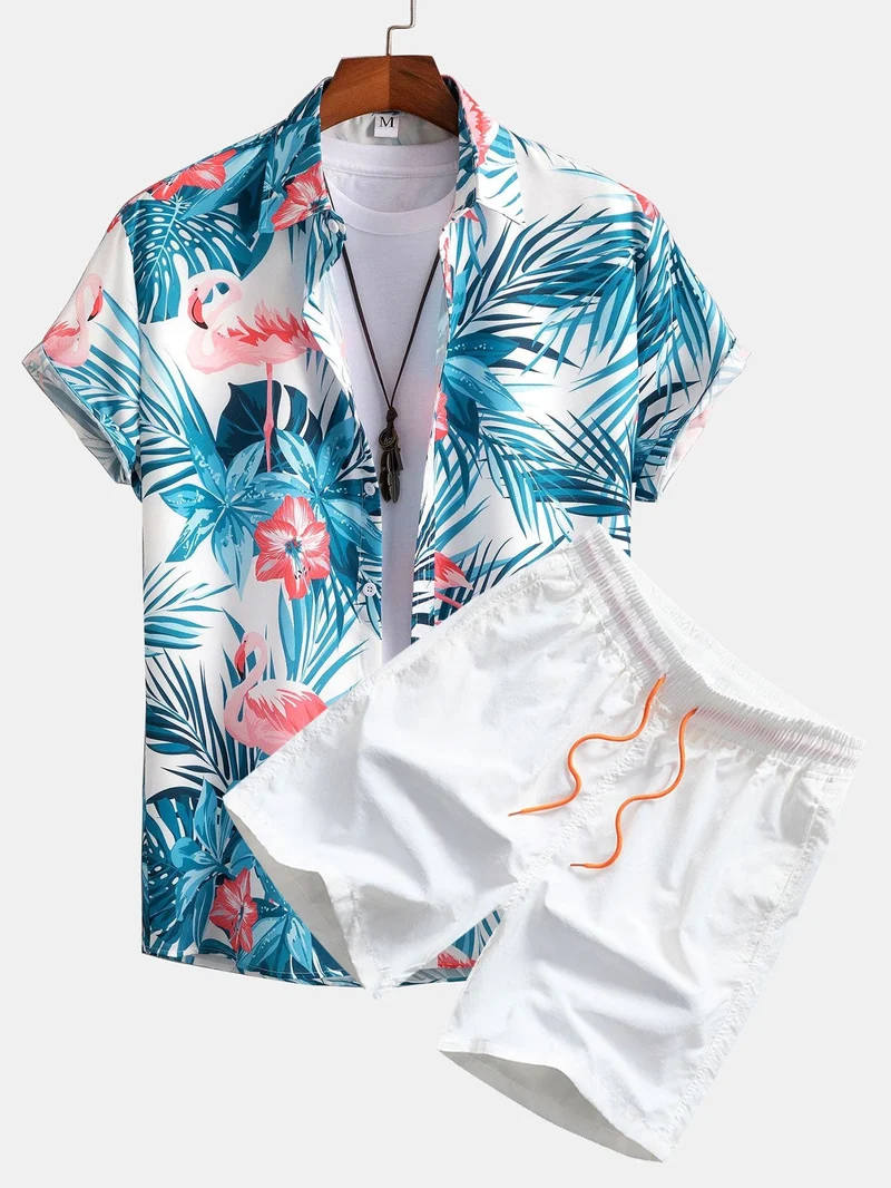 Flamingo Knoop Overhemd & Zwemshort met Tropische Print