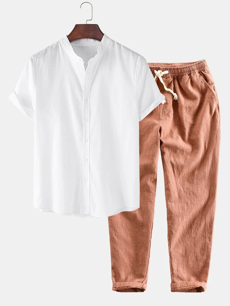 Linnenlook Overhemd met korte mouwen met staande kraag & Linnen Cotton Blend Cropped Broek
