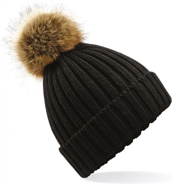 Beechfield - Faux Fur Pop Pom Chunky Beanie - Black