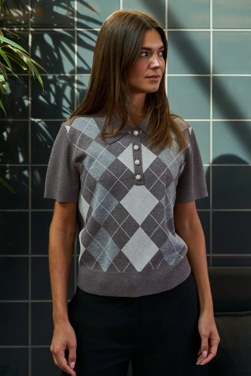 Neo Noir - Gia Check Knit Blouse 169335 - 811 - Dark Taupe