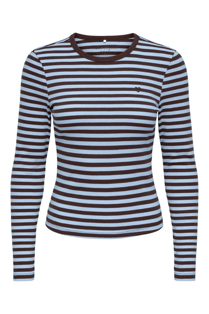 Only - Onlval L/S O-Neck Stripe Top - 5155543 Coffee Bean Cashmereblue (Mette) + Emb. Heart