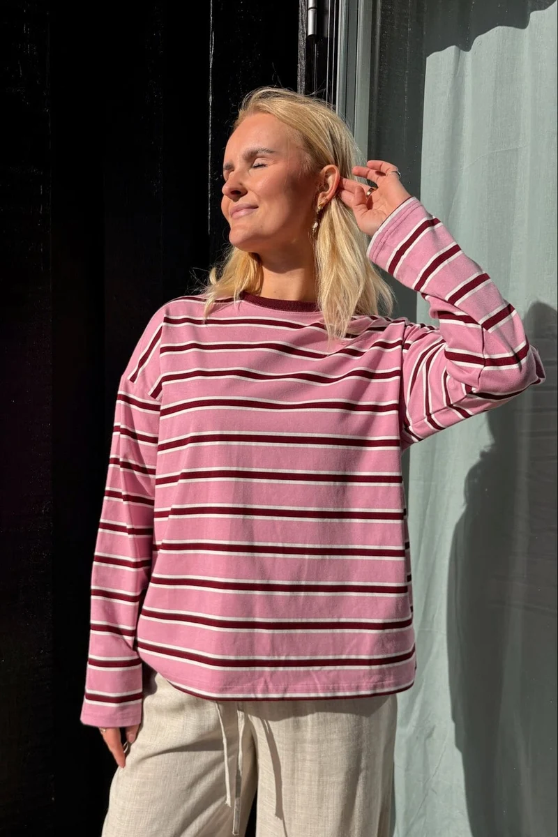 Noisy May - Nmember L/S Stripe Sweat - 4985399 Begonia Pink Tibetan Red + Bright White