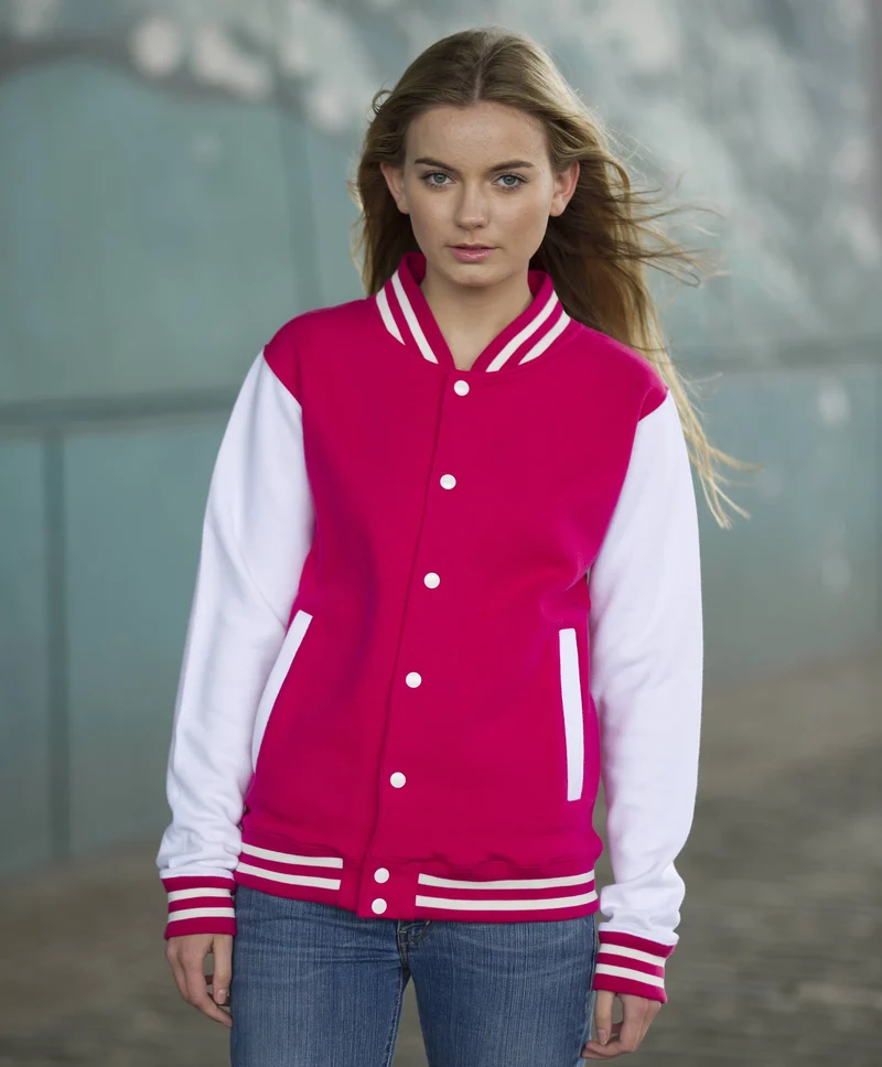 Just Hoods - Varsity Jacket - Hot Pink / White
