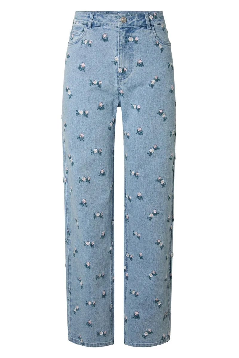 Pieces - Pcflora Straight Emb Jeans - 5068185 Light Blue Denim Pink Flower Embroidery