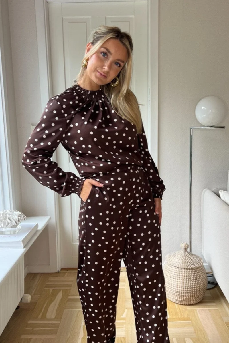 Noisy May x Molly&My - Nmbambi L/S Satin Highneck Top - 5070527 Chocolate Brown White Polka Dots