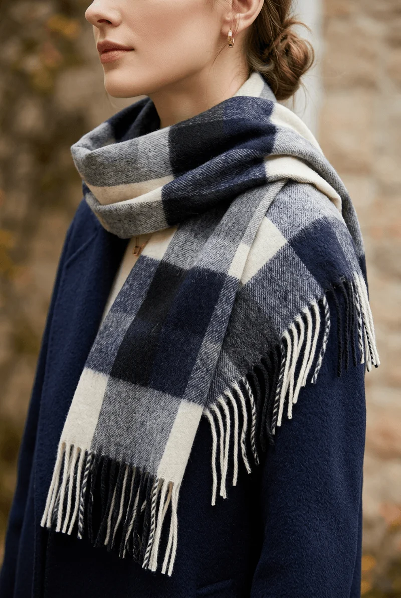 Lange Wollen Dames Sjaal | Geruit Plaid Patroon & Franjes
