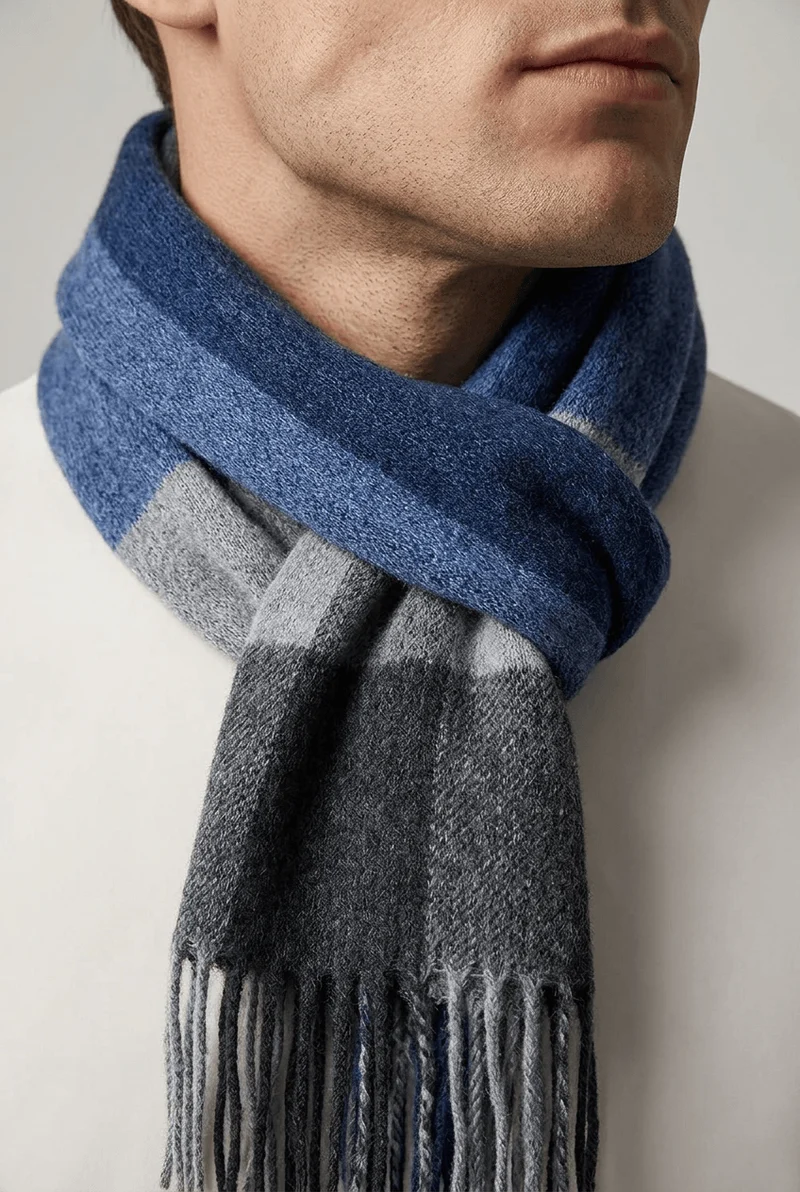 Wollen Heren Sjaal met Colorblock Dessin | Ruitpatroon & Franjes