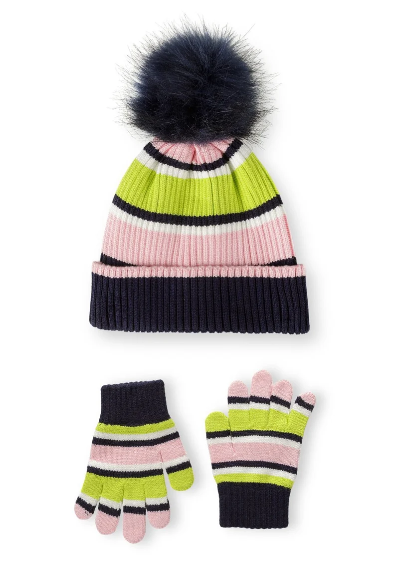 Striped bobble hat and gloves set