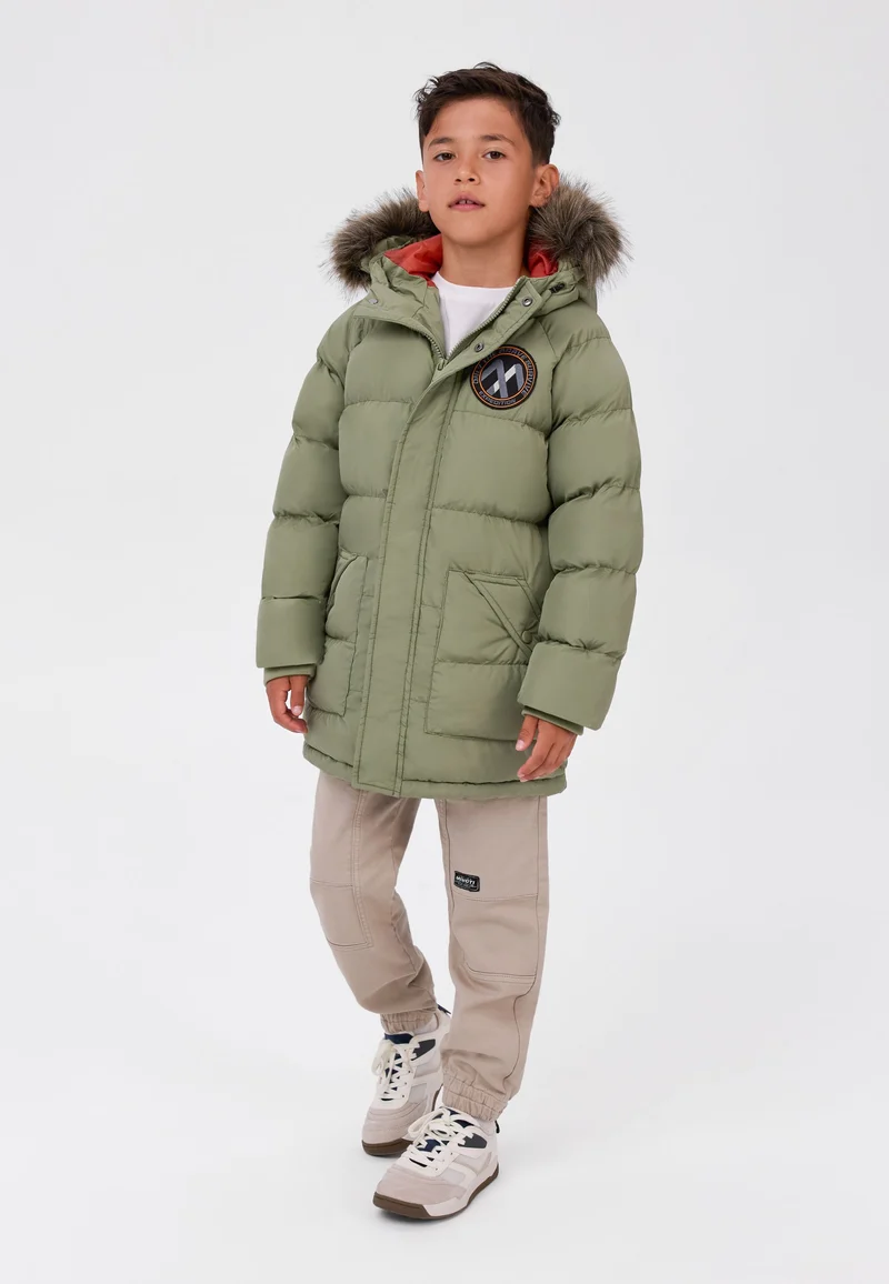 Padded parka with removable hood trim